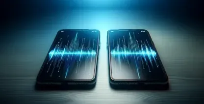 Smartphones som visar dynamiska digitala vågformer, som representerar transkriptionsprogramvarans kapacitet