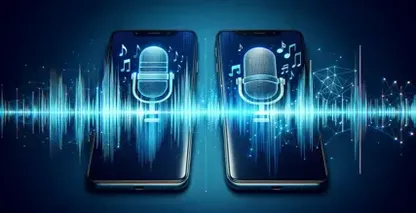 Два смартфони прикажуваат живописни микрофонски икони среде дигитални бранови форми, симболизирајќи ги транскрипционите услуги