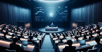 Futuristic lecture hall bathed in soft blue lighting, with a lecturer at the center podium.