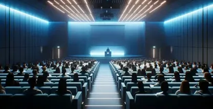 Paskaitų salės aplinka menkai apšviesta, dalyviai stovi priešais sceną, o kalbėtojas - prie pakylos.