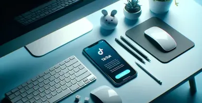 Telefon pintar dengan aplikasi TikTok terbuka, dikelilingi oleh papan kekunci, tetikus, dan item desktop pada meja berwarna biru.