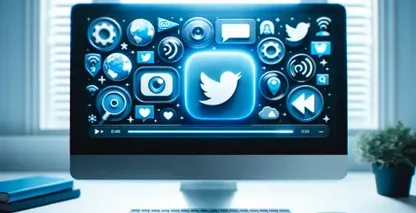 Twitter titulky videí zobrazené na monitoru s ikonami zdůrazňujícími globální konektivitu a ovládání médií