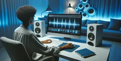 Pessoa trabalhando em um computador adicionando texto a um vídeo de corte em um ambiente de estúdio moderno com alto-falantes