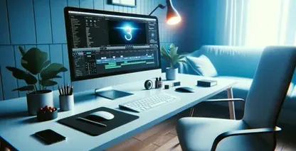Estação de edição com luz azul; a tela exibe ondas sonoras 3D e símbolos multimídia