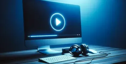 Menambahkan teks ke video dengan Movavi yang digambarkan oleh komputer di atas kayu yang menunjukkan ikon putar, di samping keyboard dan headphone