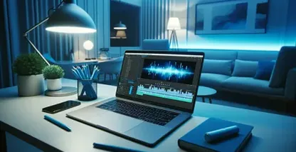 Melhor espaço de trabalho de software de conversão de voz em texto com um computador portátil que mostra uma forma de onda de áudio numa mesa branca, um candeeiro, um telefone e artigos de papelaria