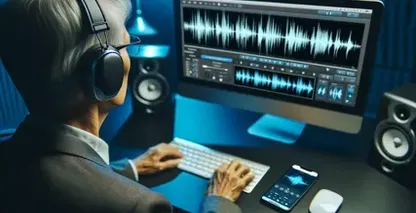 音频转文字的重听场景显示，一位戴着耳机的银发男子在蓝色灯光下的办公桌前戴着眼镜工作。