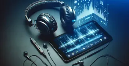 Nastavenie Audio-to-Text-with-OneNote obsahuje slúchadlá, tablet zobrazujúci priebeh a slúchadlá do uší s diaľkovým ovládaním.