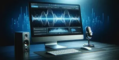 Monitorul computerului afișează forme de undă audio complexe și panouri de control, sugerând un software avansat de editare audio.