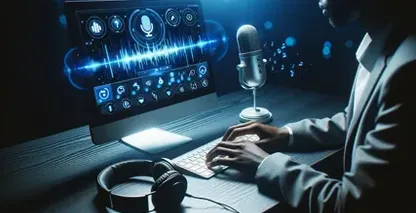 Homem a utilizar uma interface áudio sofisticada num computador, com ênfase na transcrição do formato M4V.