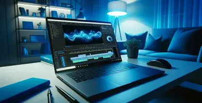 MP4 Die Textszene zeigt ein blau beleuchtetes Heimbüro mit einem Laptop auf einem weißen Schreibtisch, auf dem eine Audioschnittsoftware zu sehen ist.