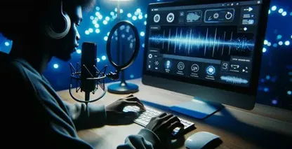 Una persona concentrada con auriculares se sienta frente a un micrófono y un monitor de ordenador