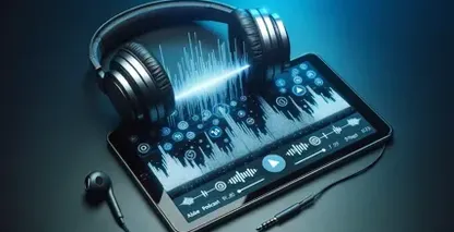 A tela do tablet mostra de forma vibrante ondas sonoras, botões digitais e configurações em um fundo azul profundo