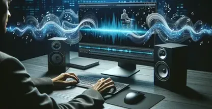 Модерно работно място, осветено от цифров интерфейс, показващо мъж, погълнат от редактиране на аудио.