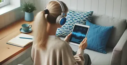 Die Umwandlung von Sprache in Text wird durch eine Blondine mit Kopfhörern an einem Fenster angedeutet, die eine Wellenform auf ihrem Tablet betrachtet.
