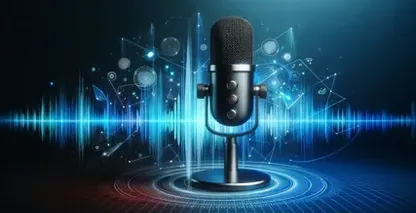 Передача голоса в текст в Telegram, микрофон в центре цифровой сцены с лучистыми волнами, фигурами и техническими символами вокруг.