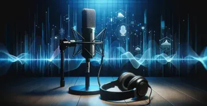 Mikrofon dan headphone di atas meja kayu, digunakan untuk suara-ke-teks di Salesforce