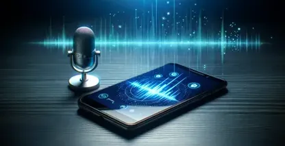 O microfone moderno está ao lado de um smartphone que apresenta gráficos vibrantes de ondas sonoras.