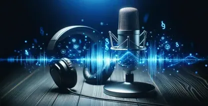 Ein hochmodernes Mikrofon steht prominent vor einem Hintergrund aus verschlungenen digitalen Mustern