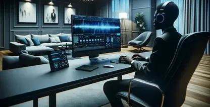 Uma sala sofisticada com uma figura com auscultadores, a trabalhar atentamente num computador que apresenta um intrincado áudio