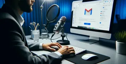 Está um homem em frente a um microfone de computador, preparando-se para ditar um e-mail com Gmail aberto no ecrã