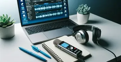 Área de trabalho com laptop mostrando formas de onda de áudio, sugerindo tarefas de voz.