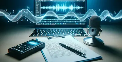 Desk with audio recording equipment, microphone, notebook, and pen, ideal for text-dictation purposes