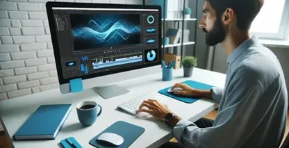 En mann skriver på en datamaskin med blå skjerm og bruker iMovie undertekster.