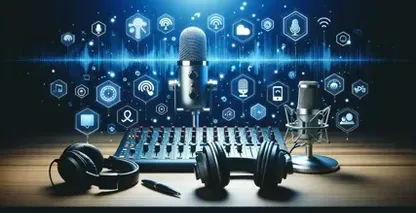 Podcastopstelling met microfoon, koptelefoon en computer voor Spotify podcast transcripts
