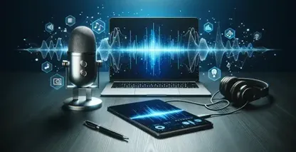 Apple@ podcastit ja transkriptiotyökalut esillä kannettavan tietokoneen, kuulokkeiden ja mikrofonin kanssa puupöydällä.