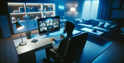 Homem em ambiente formal em uma escrivaninha, envolvido em Google Hangouts com transcrição visível.