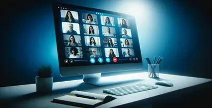 एक कंप्यूटर स्क्रीन की एक छवि जो एक GoToMeeting सत्र दिखाती है, जिसमें लोगों का एक समूह और लाइव ट्रांसक्रिप्शन दिखाई देता है।