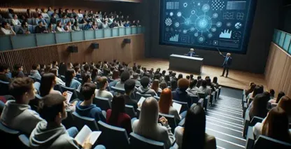 Αμφιθέατρο με ακροατήριο που παρακολουθεί μια οθόνη σε μια εκδήλωση διαλέξεων-μεταγραφής