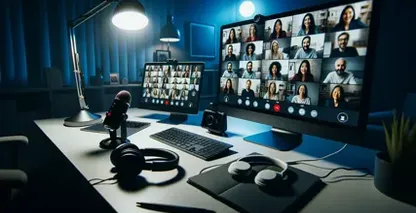 Thiết lập bàn làm việc với hai màn hình và micrô để Microsoft Teams chép lại cuộc họp.