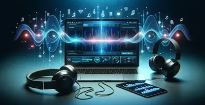 Kannettava tietokone ja kuulokkeet, jotka tuottavat ääntä videolainausten transkriptiota varten musiikin ja äänitehosteiden avulla.