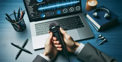Людина тримає мікрофон над ноутбуком, на якому ввімкнений мікрофон, з субтитрами-перекладом.