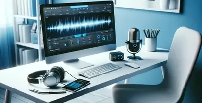 تم التلميح إلى رسم برنامج النسخ مع الكمبيوتر وسماعات الرأس والبرامج النصية وأيقونات تحويل الصوت إلى نص.
