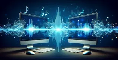 Δύο οθόνες υπολογιστή που παρουσιάζουν μουσικές νότες και ηχητικά κύματα, απεικονίζοντας την οπτικοποίηση του ήχου.