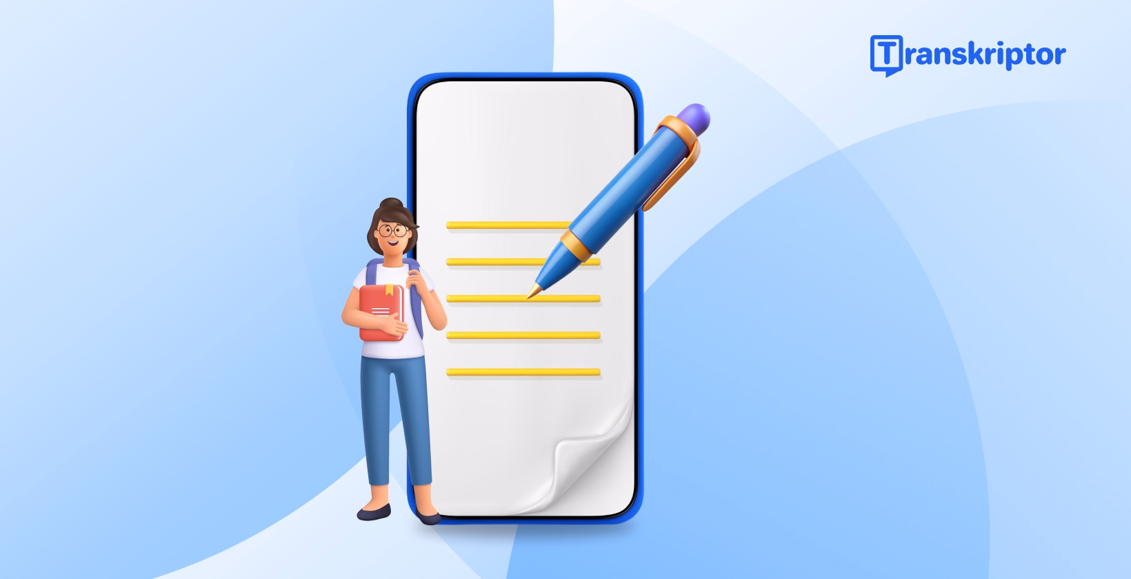 Illustration of a student standing next to a large smartphone with note-taking lines and a blue pen