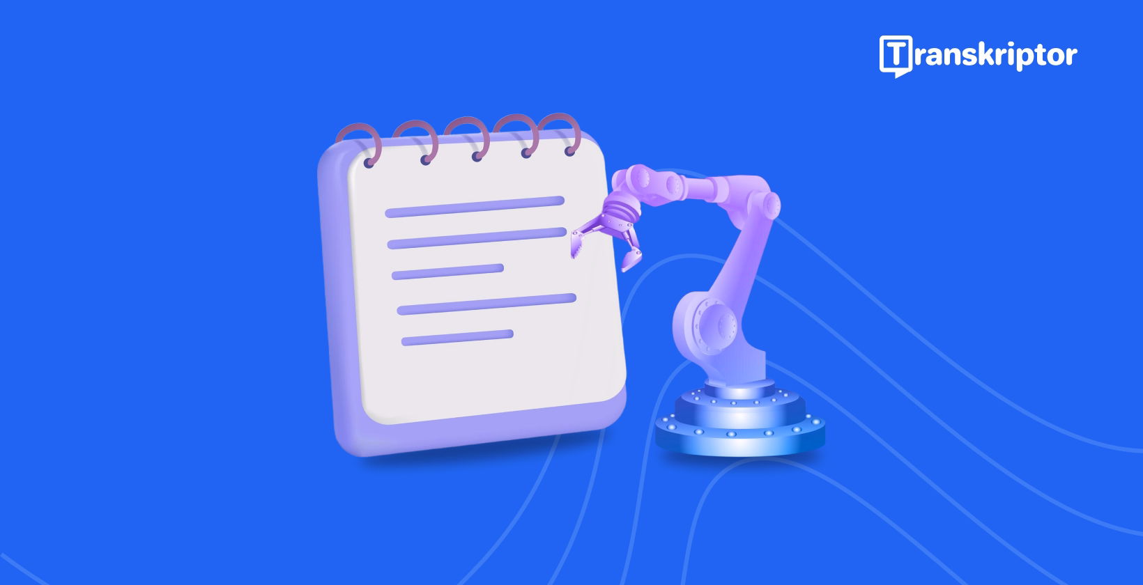 3D illustration of a robotic arm writing on a white notepad against a blue background