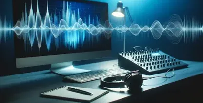 MP4@ към текста Сцената изобразява домашен офис със синя светлина и лаптоп на бяло бюро, в който се вижда софтуер за редактиране на аудио.