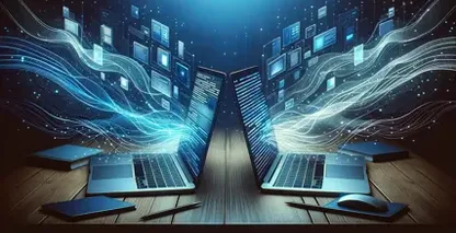 Δύο φορητοί υπολογιστές με ψηφιακό φόντο είναι συνδεδεμένοι μεταξύ τους