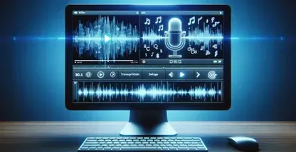 Um ecrã de computador que apresenta notas musicais e um microfone, utilizado para transcrição de vídeo para texto.