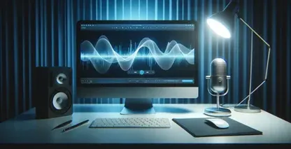 كمبيوتر لتحويل الصوت مزود بميكروفون ومكبرات صوت لتحويل الملفات الصوتية إلى تنسيق نصي.