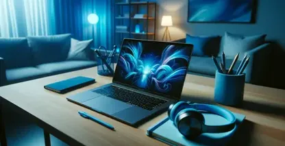מחשב נייד עם תאורה כחולה יושב על שולחן עץ, מוכן לתמלול דיבור מקובץ לטקסט.