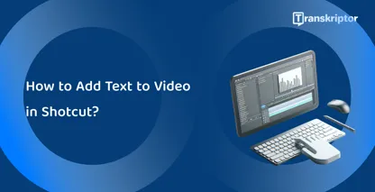 Shotcut video editing software on a monitor with waveform and text tools, for adding captions and titles to videos.