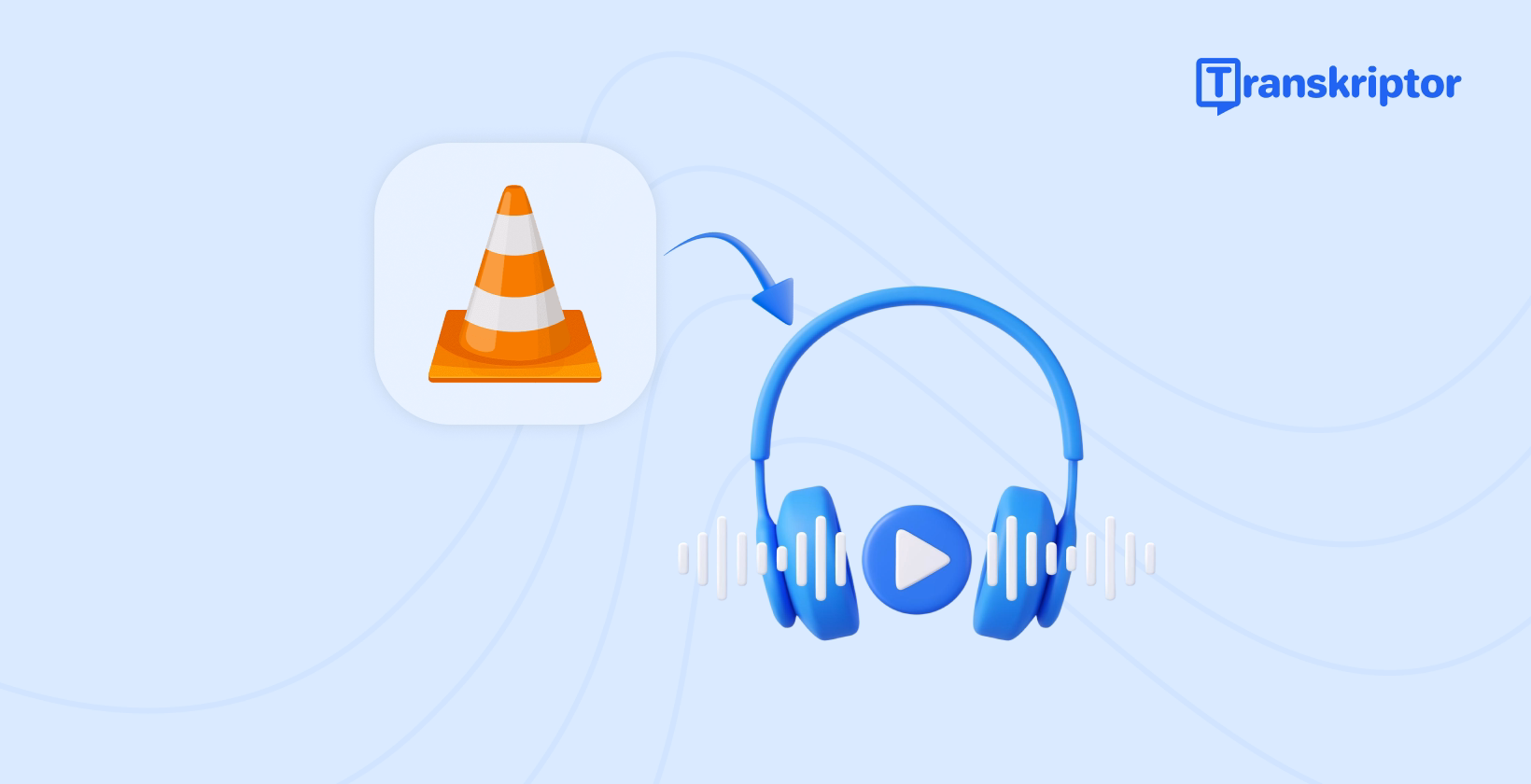 Illustration of VLC media player icon linked to headphones with audio waveforms.