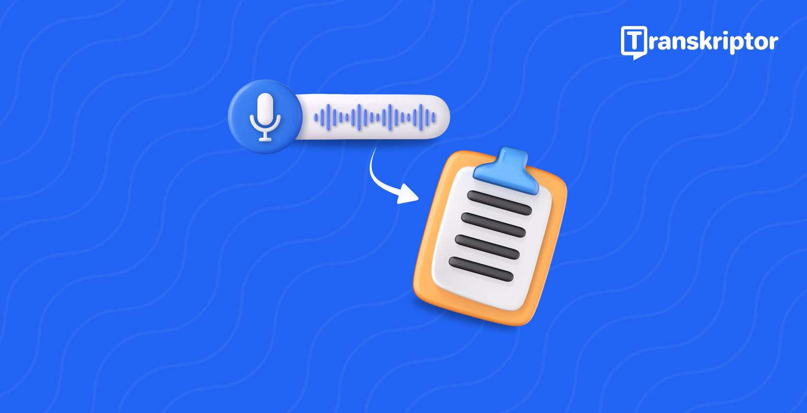 音波がクリップボードに変換され、青い背景にテキスト行があるマイクアイコン