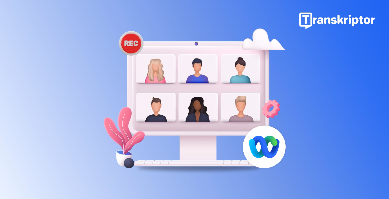 Computer screen showing six participant windows in a grid layout with a red recording indicator and Webex logo