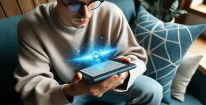 Young man in glasses is using a tablet, with a speech-to-text app symbol emerging from the screen